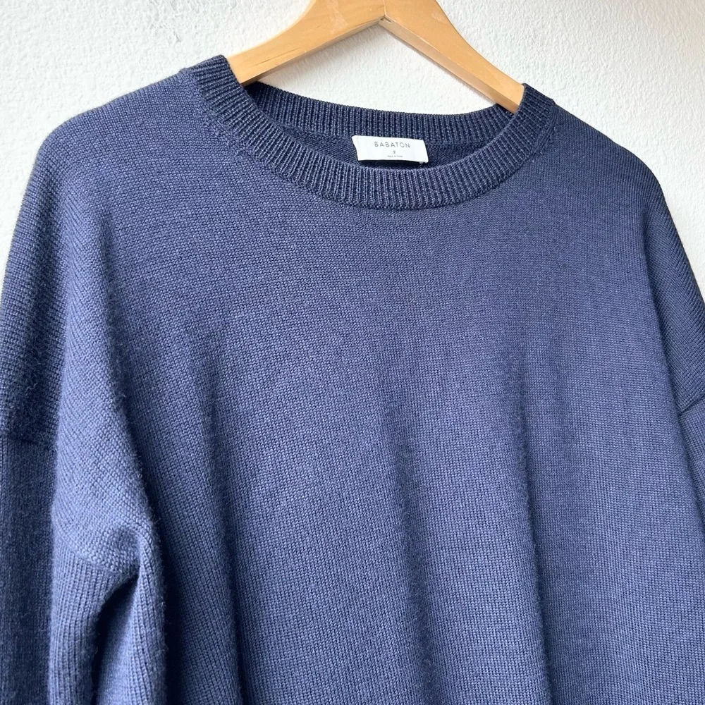 Aritzia Babaton Navy Blue Gunnar Pullover Knit Sweater Wool Step Hem Sz 2